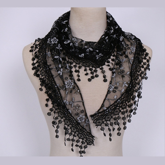 Accessories - Lace Crochet Embroidery Hair TIe Triangle Scarf